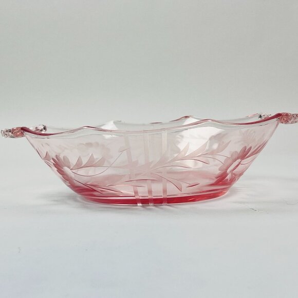 Pink Etched Glass Bowl With Handles Floral Design 10"x4" Elegant Vintage Style - Picture 3 of 5
